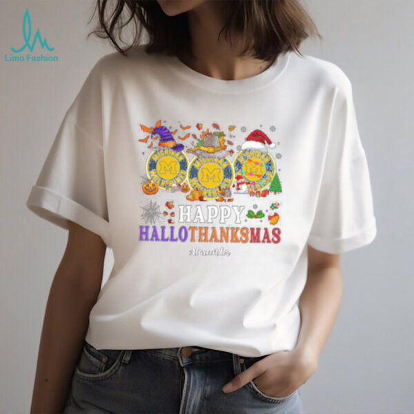 Michigan Wolverines Happy Hallothanksmas Football Tee – Custom Name NCAA Holiday Shirt, Ugly Christmas Party Outfit, Gift Idea
