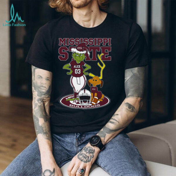 Mississippi State Bulldogs Custom Name Grinch and Dog Shirt – NCAA Football Christmas Tee – Personalized Holiday Gift for Fans