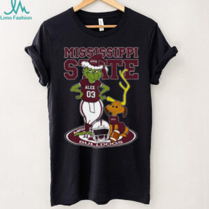 Mississippi State Bulldogs Custom Name Grinch and Dog Shirt – NCAA Football Christmas Tee – Personalized Holiday Gift for Fans