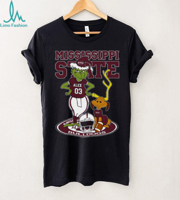 Mississippi State Bulldogs Custom Name Grinch and Dog Shirt – NCAA Football Christmas Tee – Personalized Holiday Gift for Fans