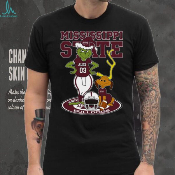 Mississippi State Bulldogs Custom Name Grinch and Dog Shirt – NCAA Football Christmas Tee – Personalized Holiday Gift for Fans