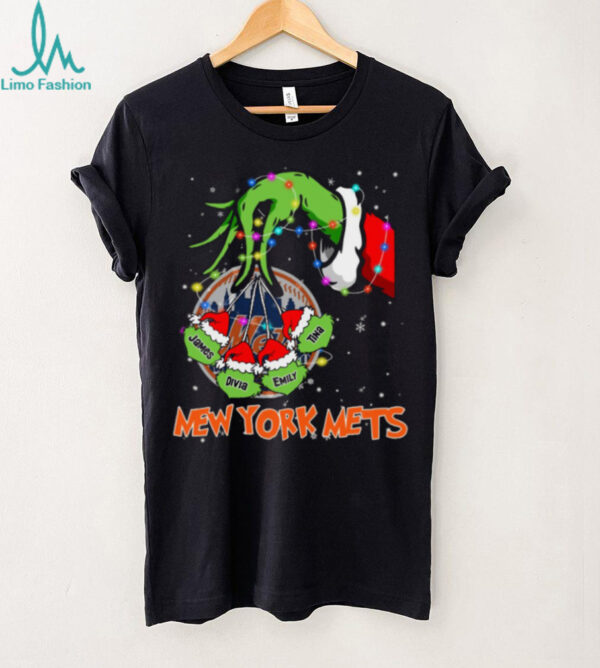New York Mets Grinch Xmas Lights T Shirt – Custom Name MLB Fan Holiday Gift Tee for Baseball Lovers