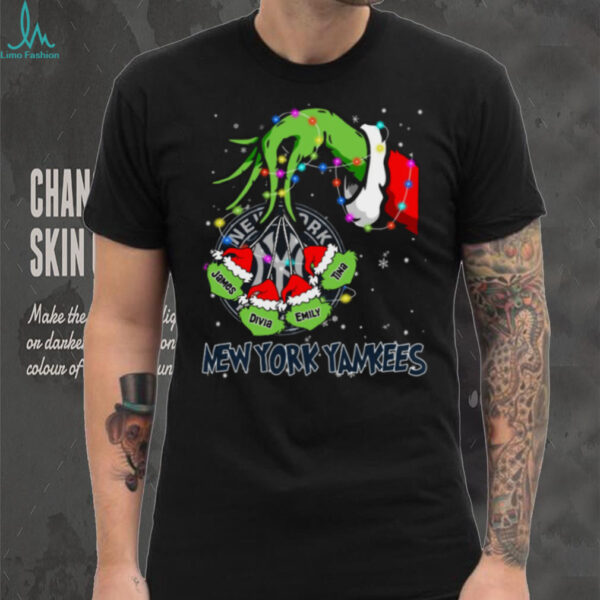 New York Yankees Grinch Xmas Lights Tee – Personalized MLB Fan Shirt – Holiday Custom Name Baseball Gift