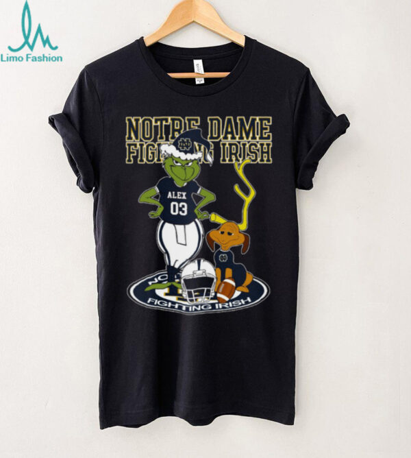 Notre Dame Fighting Irish Grinch with Dog Shirt – Custom Name NCAA Football Tee – Holiday Outfit & Personalized Gift for Fans
