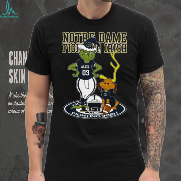 Notre Dame Fighting Irish Grinch with Dog Shirt – Custom Name NCAA Football Tee – Holiday Outfit & Personalized Gift for Fans