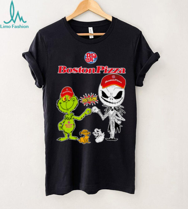 Official Boston Pizza Merch Grinch And Jack Skellington Fist Bump Boston Pizza Halloween Hoodie