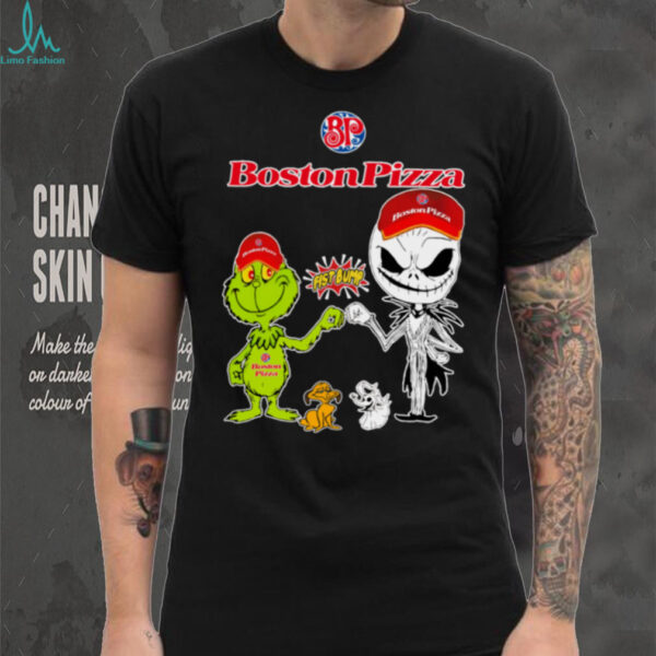 Official Boston Pizza Merch Grinch And Jack Skellington Fist Bump Boston Pizza Halloween Hoodie