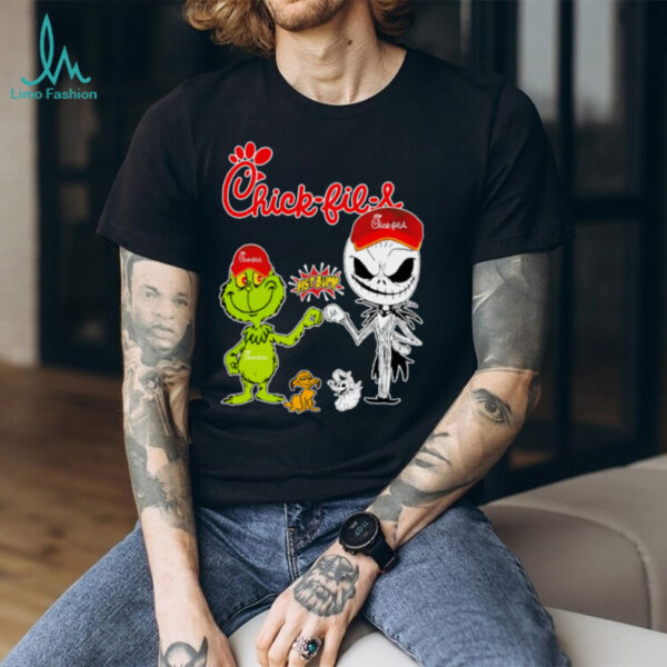 Official Chick fil A Merch Grinch And Jack Skellington Fist Bump Chick fil A Halloween Hoodie