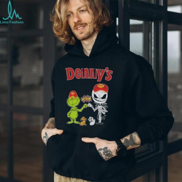 Official Denny’s Merch Grinch And Jack Skellington Fist Bump Denny’s Halloween Hoodie