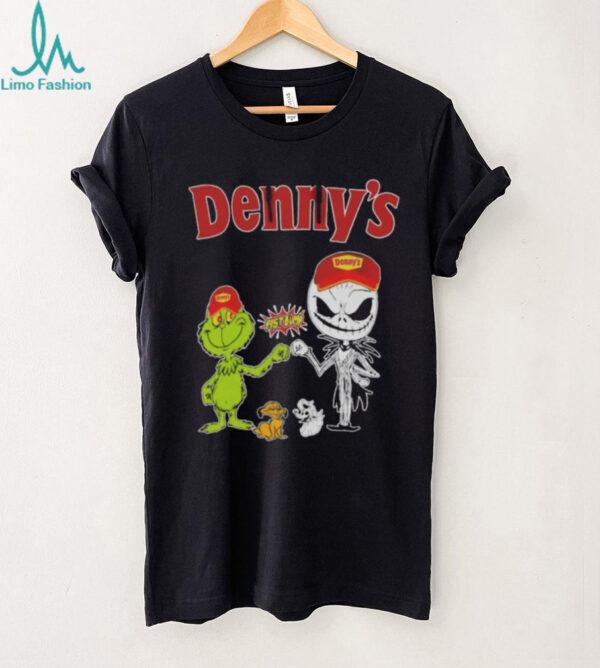 Official Denny’s Merch Grinch And Jack Skellington Fist Bump Denny’s Halloween Hoodie