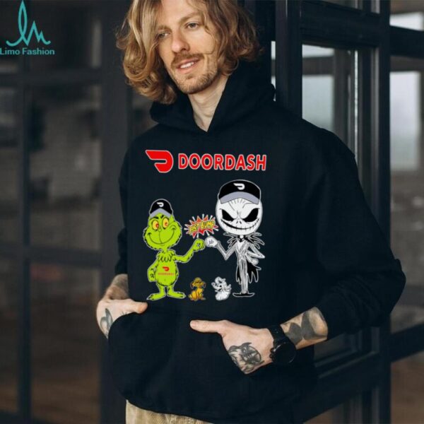 Official Doordash Merch Grinch And Jack Skellington Fist Bump Doordash Halloween Hoodie