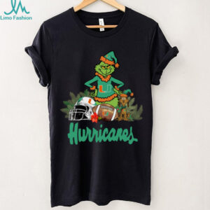 Official Grinch Hat Santa And Dog Rugby Helmet Miami Hurricanes Logo Merry Christmas Shirt Black