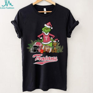 Official Grinch Hat Santa And Dog Rugby Helmet Troy Trojans Logo Merry Christmas Shirt Black
