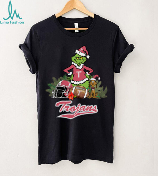 Official Grinch Hat Santa And Dog Rugby Helmet Troy Trojans Logo Merry Christmas Shirt Black