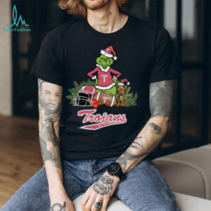 Official Grinch Hat Santa And Dog Rugby Helmet Troy Trojans Logo Merry Christmas Shirt Black