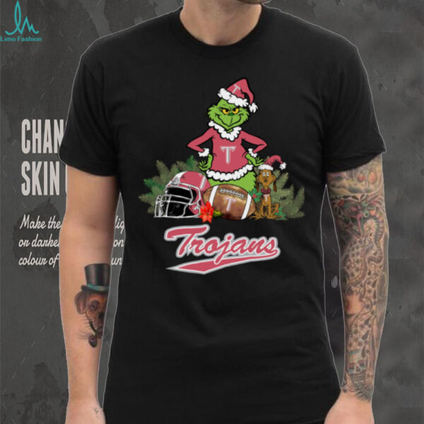 Official Grinch Hat Santa And Dog Rugby Helmet Troy Trojans Logo Merry Christmas Shirt Black