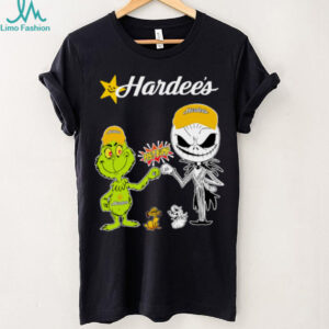 Official H E B Merch Grinch And Jack Skellington Fist Bump Hardee’s Halloween Hoodie