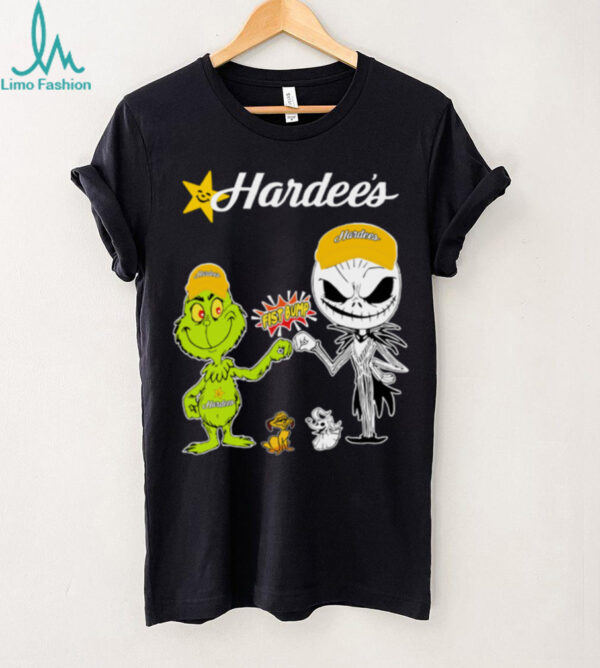 Official H E B Merch Grinch And Jack Skellington Fist Bump Hardee’s Halloween Hoodie