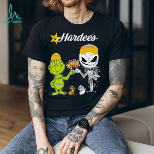 Official H E B Merch Grinch And Jack Skellington Fist Bump Hardee’s Halloween Hoodie