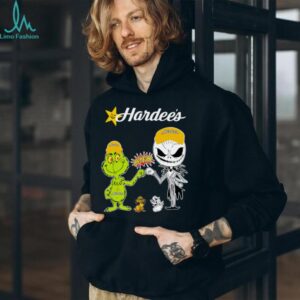 Official H E B Merch Grinch And Jack Skellington Fist Bump Hardee’s Halloween Hoodie