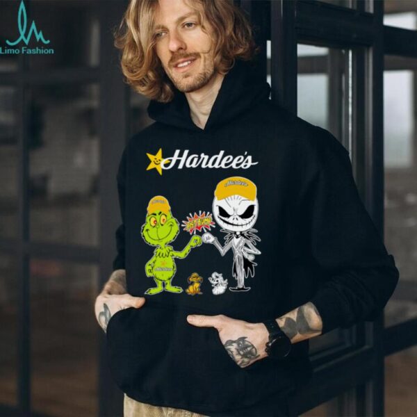 Official H E B Merch Grinch And Jack Skellington Fist Bump Hardee’s Halloween Hoodie