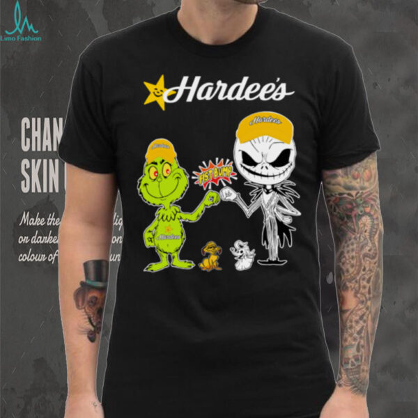 Official H E B Merch Grinch And Jack Skellington Fist Bump Hardee’s Halloween Hoodie