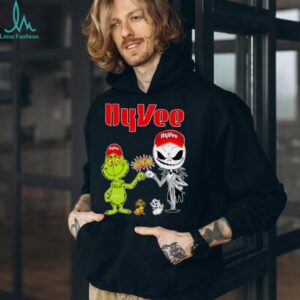 Official HyVee Merch Grinch And Jack Skellington Fist Bump HyVee Halloween Hoodie
