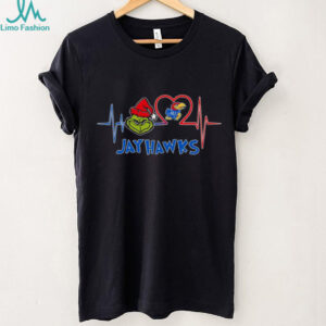 Official Kansas Jayhawks x Grinch Santa Heartbeat Love Logo Merry Christmas Shirt