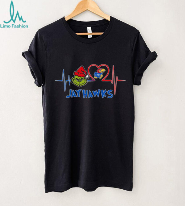 Official Kansas Jayhawks x Grinch Santa Heartbeat Love Logo Merry Christmas Shirt