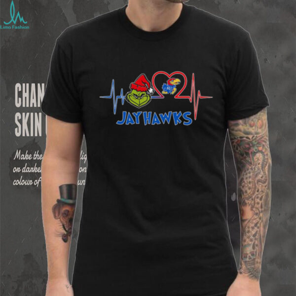 Official Kansas Jayhawks x Grinch Santa Heartbeat Love Logo Merry Christmas Shirt