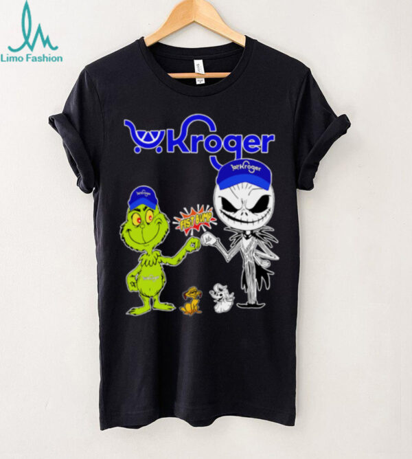 Official Kroger Merch Grinch And Jack Skellington Fist Bump Kroger Halloween shirt