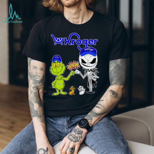 Official Kroger Merch Grinch And Jack Skellington Fist Bump Kroger Halloween shirt
