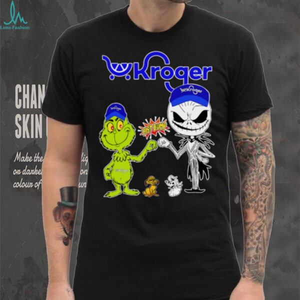 Official Kroger Merch Grinch And Jack Skellington Fist Bump Kroger Halloween shirt