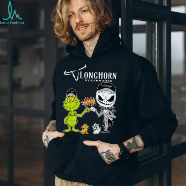 Official Longhorn Steakhouse Merch Grinch And Jack Skellington Fist Bump Longhorn Steakhouse Halloween Hoodie