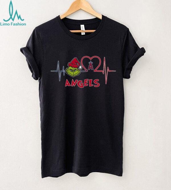 Official Los Angeles Angels x Grinch Santa Heartbeat Love Logo Merry Christmas Shirt