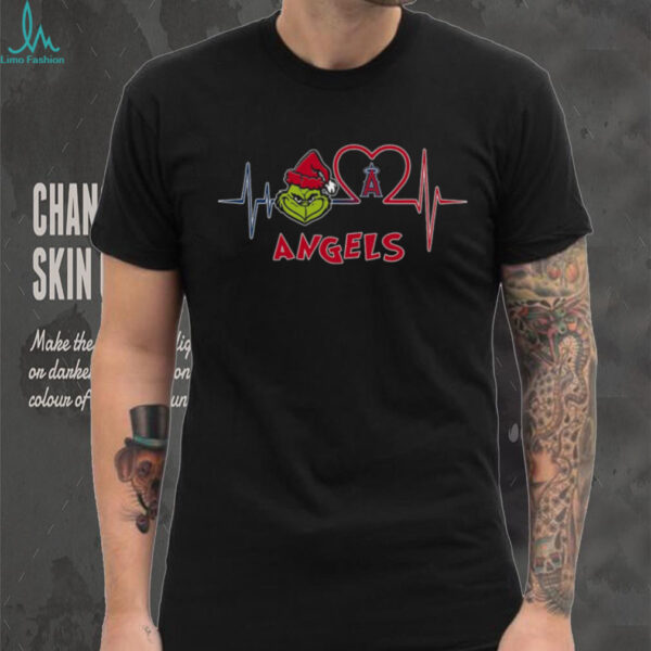 Official Los Angeles Angels x Grinch Santa Heartbeat Love Logo Merry Christmas Shirt