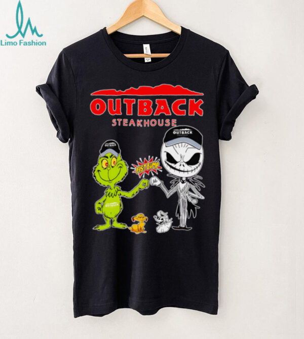 Official Outback Steakhouse Merch Grinch And Jack Skellington Fist Bump Outback Steakhouse Halloween Hoodie
