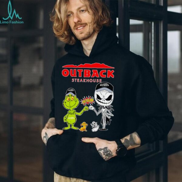 Official Outback Steakhouse Merch Grinch And Jack Skellington Fist Bump Outback Steakhouse Halloween Hoodie