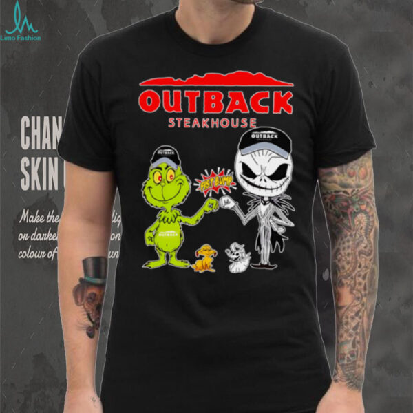 Official Outback Steakhouse Merch Grinch And Jack Skellington Fist Bump Outback Steakhouse Halloween Hoodie