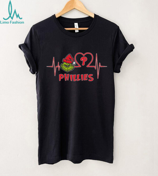 Official Philadelphia Phillies x Grinch Santa Heartbeat Love Logo Merry Christmas Shirt