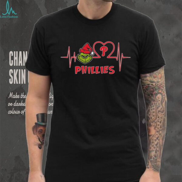 Official Philadelphia Phillies x Grinch Santa Heartbeat Love Logo Merry Christmas Shirt