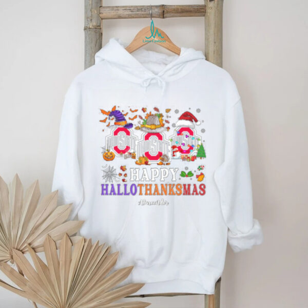Ohio State Buckeyes Happy Hallothanksmas Football Shirt – NCAA Custom Name Holiday Gift Tee, Ugly Christmas Party Outfit for Fans