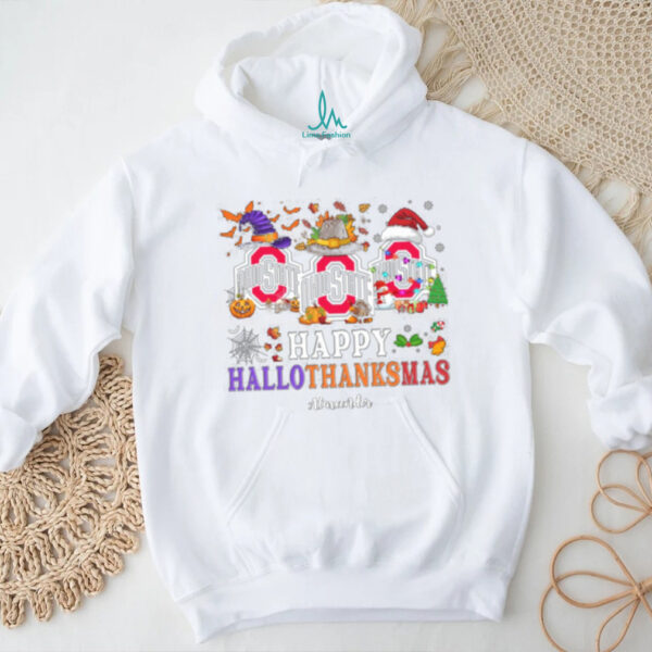 Ohio State Buckeyes Happy Hallothanksmas Football Shirt – NCAA Custom Name Holiday Gift Tee, Ugly Christmas Party Outfit for Fans