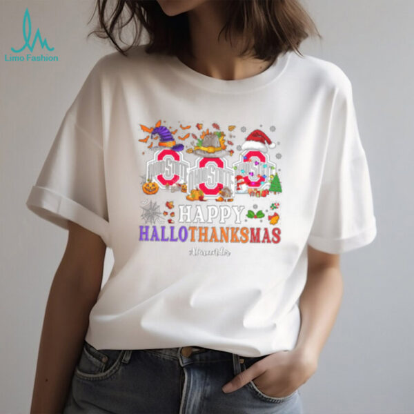 Ohio State Buckeyes Happy Hallothanksmas Football Shirt – NCAA Custom Name Holiday Gift Tee, Ugly Christmas Party Outfit for Fans