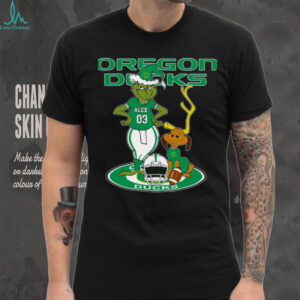 Oregon Ducks Custom Name Grinch with Dog Christmas Shirt – NCAA Football Tee – Personalized Holiday Gift for Fans & Supporters