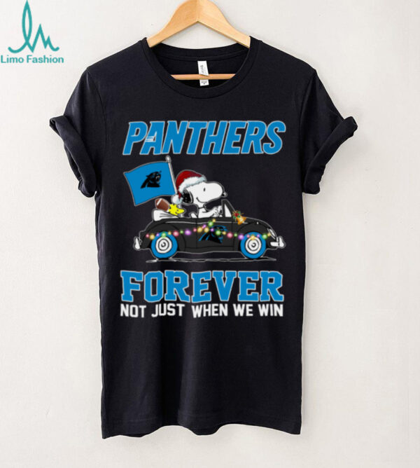 Panthers Football Snoopy Driving Car Forever Not Just When We Win Merry Christmas Light Shirt