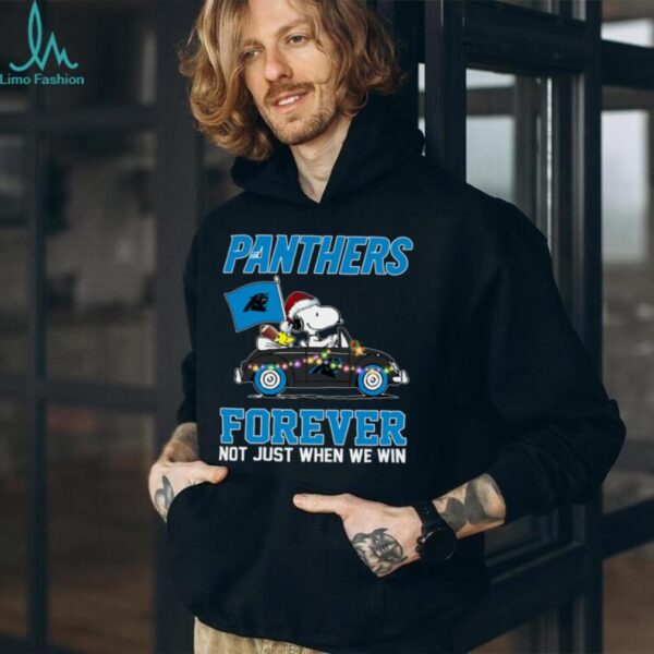 Panthers Football Snoopy Driving Car Forever Not Just When We Win Merry Christmas Light Shirt