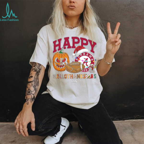 Personalized Alabama Crimson Tide HalloThanksMas Tee, Funny Holiday Shirt with Pumpkin Football Santa Hat, NCAA Gift for Halloween Thanksgiving Christmas