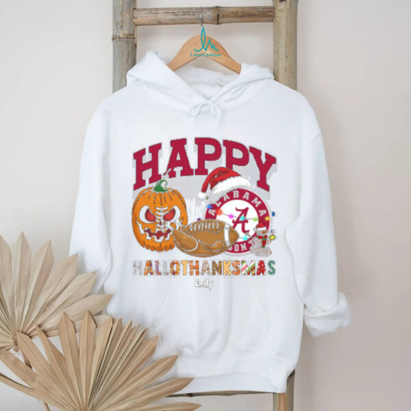 Personalized Alabama Crimson Tide HalloThanksMas Tee, Funny Holiday Shirt with Pumpkin Football Santa Hat, NCAA Gift for Halloween Thanksgiving Christmas