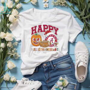 Personalized Alabama Crimson Tide HalloThanksMas Tee, Funny Holiday Shirt with Pumpkin Football Santa Hat, NCAA Gift for Halloween Thanksgiving Christmas